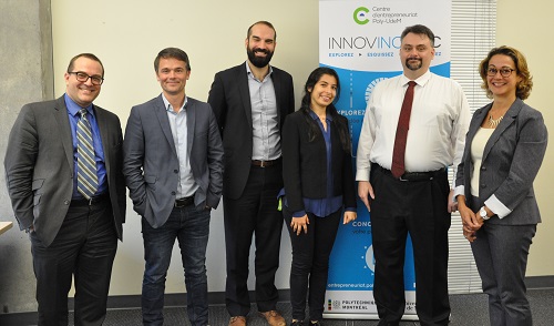 Les membres du jury en compagnie de Ferdaous Dorai et de Christelle Chalono du Centre d'entrepreneuriat Poly-UdeM